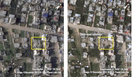 Satellitbilderna visar bostadshusen där familjen Harb bodde före och efter det besköts den 12 december. 25 personer dödades, 17 skadades, enligt rapporten.