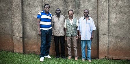 Från Vänster: Richard Kayigamba, Habiyambere Valens, Nsabimana Alphonse och Fidelle Twahirwa. De är alla rwandiska journalister som lever i exil i Uganda. Men inte ens här går de säkra. Den rwandiska säkerhetstjänstens långa arm när även dit.