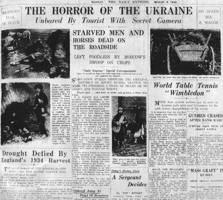 Massvälten i Ukraina chockade omvärlden. Förstasidan i Daily Express 6 augusti 1934.