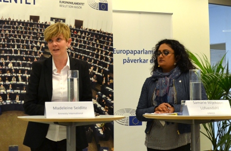 Madelaine Seidlitz, jurist med ansvar för flyktingfrågor och migration på svenska Amnesty och Samarie Wijekoon Löfvendahl, jurist på UNHCR.