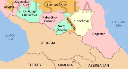 Engelskspråkig karta över Kaukasus. Chechnya är Tjetjenien.