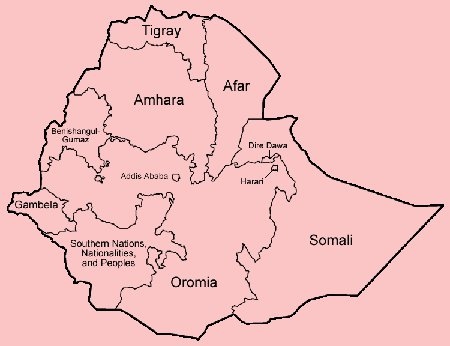 Karta över Etiopiens provinser.