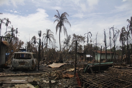 Nedbränt hus i Rakhine 2 september 2017.