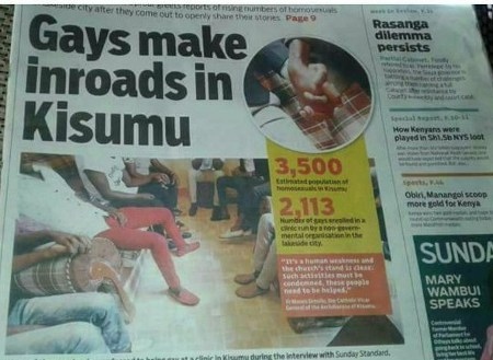  I kenyansk press förekommer artiklar som hetsar mot påstått homosexuella personer. Här förstasidan på Sunday Standard den 15 april 2018 som handlar om arbetet mot hiv i Kisumu i västra Kenya