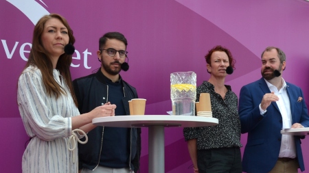 Maria Ferm (MP), Robert Hannah (L), Christina Höj Larsen (V) och Fredrik Lundh Sammeli (S).