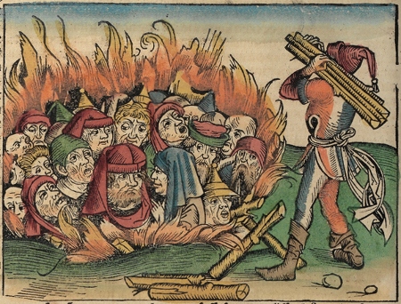 Antisemitismen har en lång historia. ”Judar bränns levande”, ur Nürnbergkrönikan 1493. 