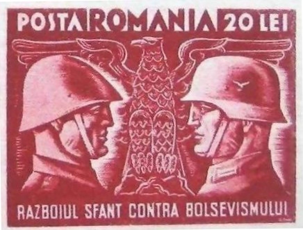 Frimärke från 1941 med en rumänsk och en tysk soldat som tillsammans deltog i ”det heliga kriget mot bolsjevismen”.