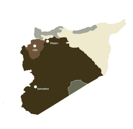 Det svarta partiet kontrolleras av den syriska regeringen medan området runt Idlib kontrolleras av jihadister och rebeller. De gråa delarna ockuperas av Turkiet medan det ljusa partiet kontrolleras av SDF som domineras av kurder.