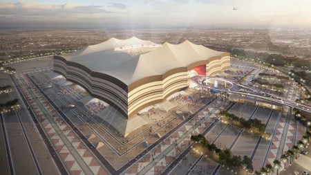 Konstnärlig bild hur Al Bayt-stadion ska se ut när den är klar för fotbolls-VM för herrar 2022. 