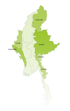 Konflikterna i Myanmar har pågått sedan 1948. Periodiska vapenvilor har inte följts av politiska lösningar och i Kachin, Shan, Kayah (Karenni), Kayin (Karen) och Rakhine finns rörelser som kräver självstyre eller självständighet. I Chin rapporteras om strider sedan kuppen 1 februari 2021.
