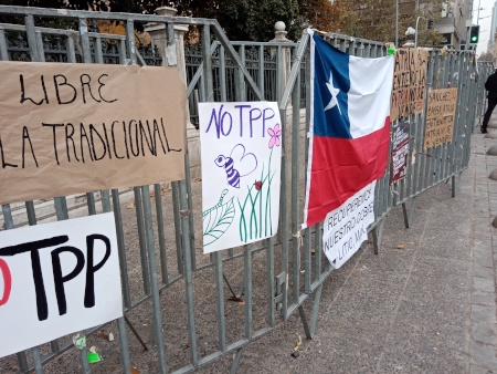 Skyltar utanför konvention: Utanför den konstituerande församlingens möteslokaler satte folk upp skyltar med budskap till ledamöterna. Bland annat mot frihandelsavtalet som förhandlats mellan Chile och USA: TPP.