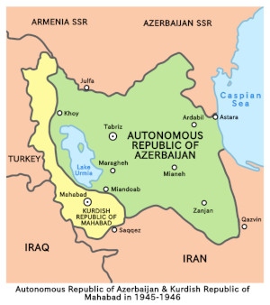 Karta över de två Sovjetstödda republikerna i Iran.