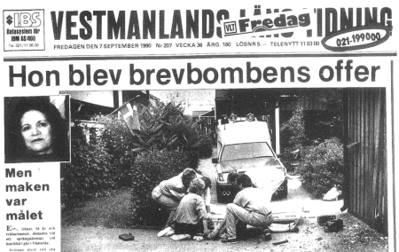 Mord i Västerås. VLT:s förstasida 7 september 1990.
