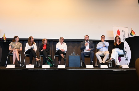 Politikerpanel: Annika Hirvonen (MP), Anna Lasses (C), Malin Björk (V), Camilla Mårtensen (L), Viktor Wärnick (M), Ola Möller (S), Nike Örbrink (KD).