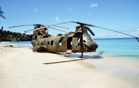En helikopter från USA:s marinkår har skjutits ned den 25 oktober 1983. Under invasionen dödades 45 grenadier, 24 kubaner och 19 soldater från USA.