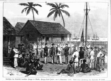 Den tyska flaggan hissas den 4 november 1884 på ön Mioko i det som kallades Bismarck-arkipelagen, norr om Bougainville.